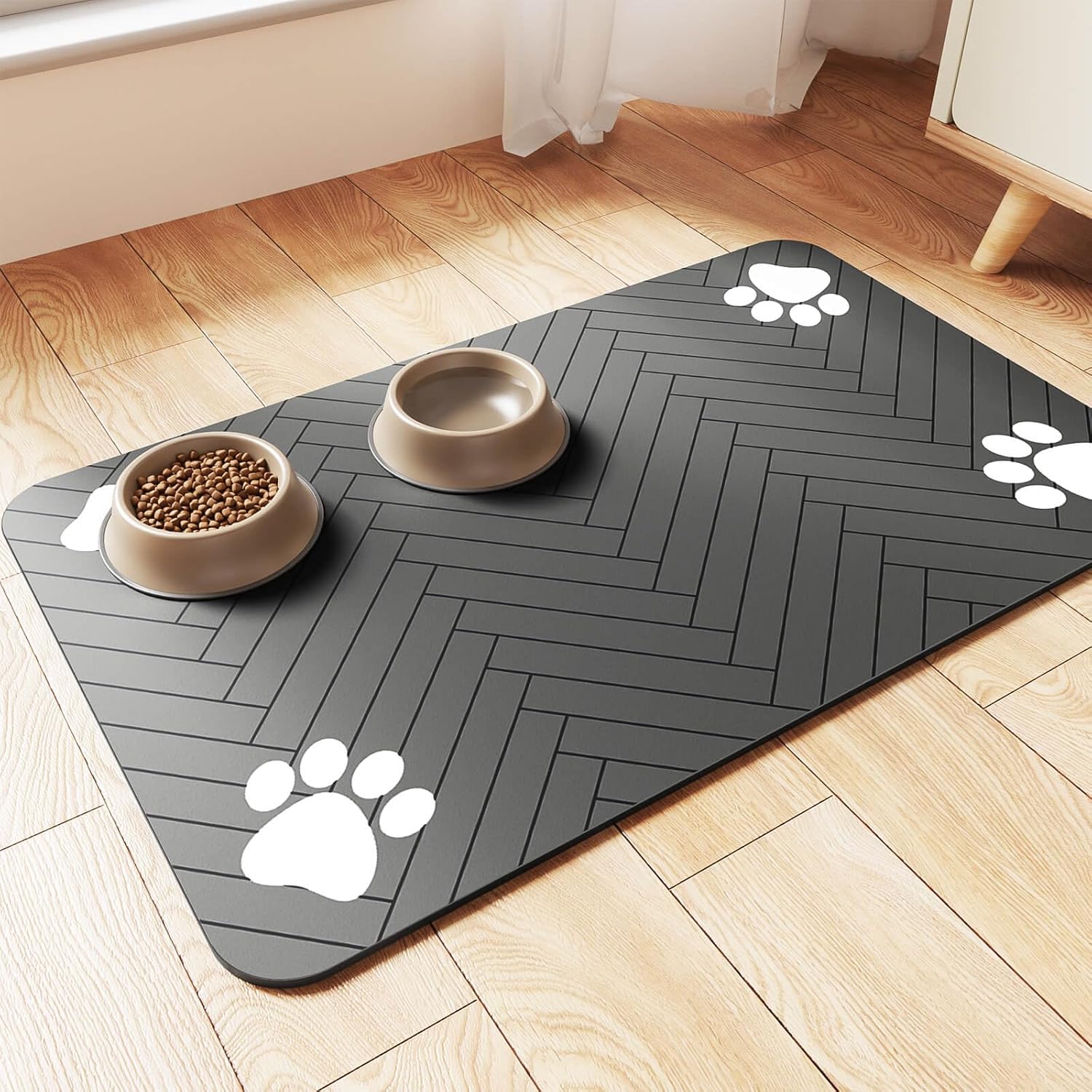 Pet Feeding Mat-Absorbent Pet Placemat for Food and Water Bowl, with Waterproof Rubber Backing, Quick Dry Water Dispenser Mat for Dog and Cat (20"x12", Striped Dark Gray)